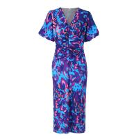 2025 Vestido de verano para mujer, azul, estampado, cuello en V, ceñido, ceñido a la cadera, manga corta - details 4