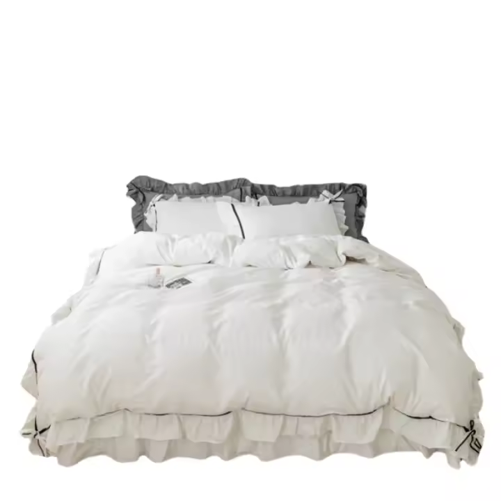 Falda de cama de algodón puro con borde de hoja de loto, conjunto de cuatro piezas con lazo blanco y negro - 1