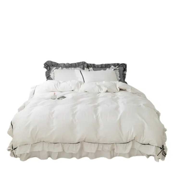Falda de cama de algodón puro con borde de hoja de loto, conjunto de cuatro piezas con lazo blanco y negro - 1