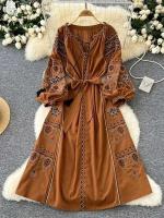 Vestido largo ceñido a la cintura con mangas abullonadas bordadas para primavera y otoño de estilo étnico bohemio para mujer A155 - details 1