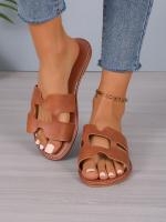 Zapatillas de mujer de cuero marrón con cabeza redonda y tacones expuestos, zapatos planos informales para parejas, sandalias cómodas para mujer - details 1