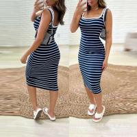 Vestido ajustado a rayas azules para mujer, vestido informal ajustado de cintura alta sin mangas con cuello redondo y tirantes finos para verano - details 3