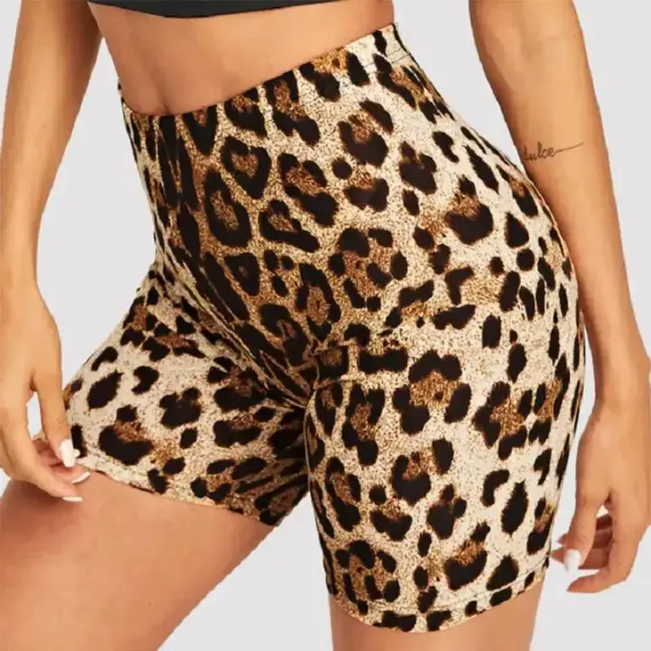 Pantalones cortos con estampado de leopardo para mujer, pantalón corto informal con estampado de serpiente para Fitness, pantalón corto informal de cintura alta para motociclista - 1