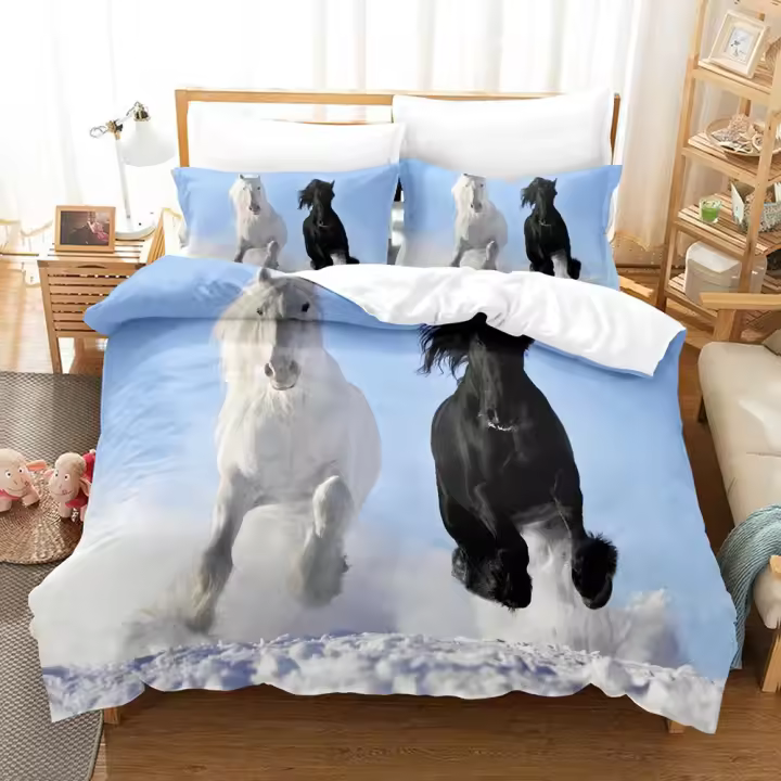 Funda de edredón Juego de funda nórdica de caballo tamaño King negro blanco marrón funda de edredón con estampado de caballo poliéster 3D Animal para adultos y adolescentes funda de edredón - 1