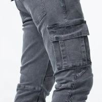 Jeans de Cargo de Denim Pantalones Casuales para Hombres de Cintura Media, Ajuste Delgado, Múltiples Bolsillos, Color Sólido - details 13