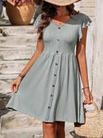 Nuevo vestido de manga corta elástico con cintura con botones y cuello en V para mujer - details 8