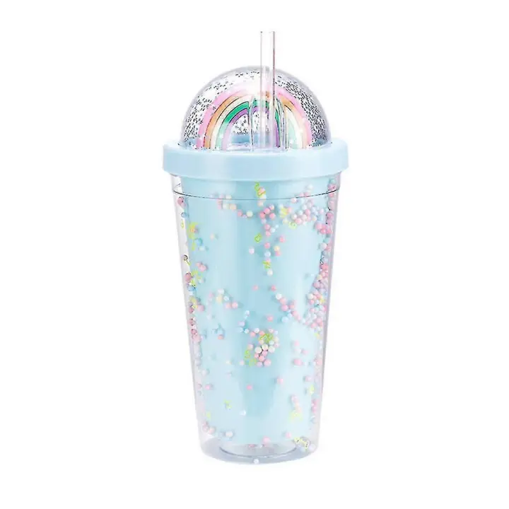 Botella de Agua de Plástico Arcoíris de Doble Capa con Sequins Taza de Bebida con Pajita para Mujeres y Niñas Regalo de Cocina y Comedor - 1