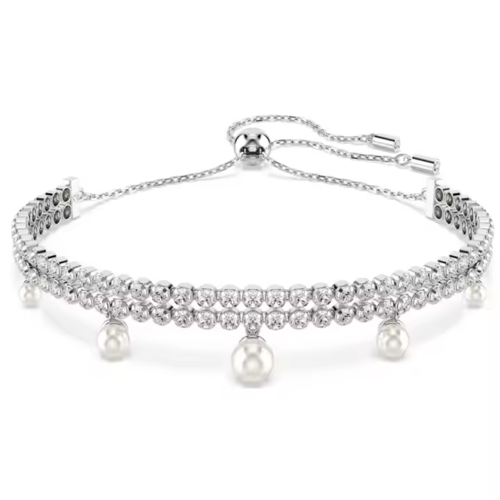 Pulsera de Cadena de Plata de Ley 925 with surround Transparent y Perlas Blancas, pulsera de Tenis con dis, Gift de joyería ajustable para Mujer - 1