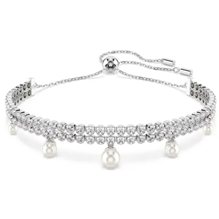 Pulsera de Cadena de Plata de Ley 925 with surround Transparent y Perlas Blancas, pulsera de Tenis con dis, Gift de joyería ajustable para Mujer - 1