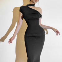 Viento 2024 Primavera/Verano nueva moda mujer puro deseo temperamento largo Color sólido cuello inclinado fuera del hombro vestido adelgazante - details 4