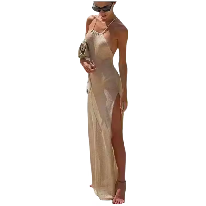Sandalias de mujer nuevas de doble cara con abertura alta y tirantes, hermoso vestido de punto con espalda descubierta, falda de playa, moda femenina - 1