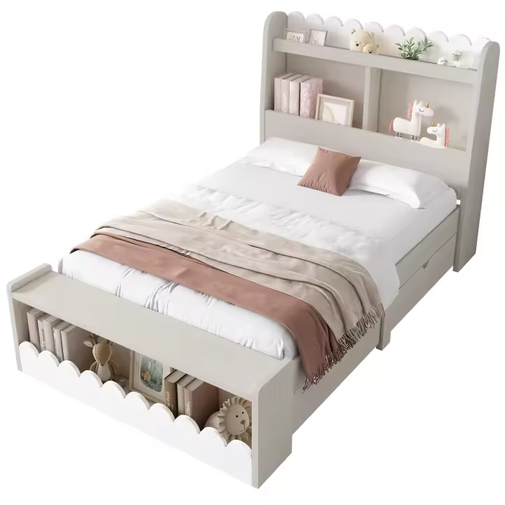 Cama Infantil de Madera Almacenamiento Individual con Cajones Estante y Banco 90x200 cm - 1
