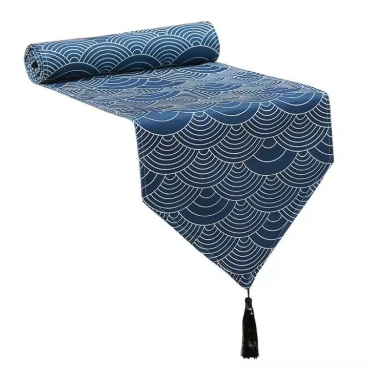Camino de mesa de estilo chino con borlas, mantel de grulla coronada roja con nube propicia, cubierta de mesa impermeable azul, Decoración de mesa - 1