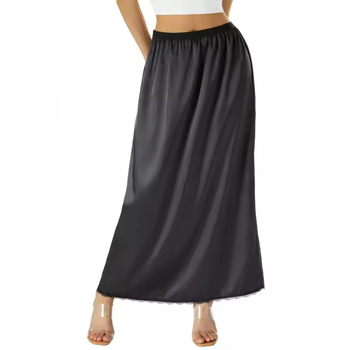 Falda Midi con forro interior de cintura elástica para mujer, falda interior de satén de color sólido, media falda larga para mujer, Blanco/Negro/Champán - 1
