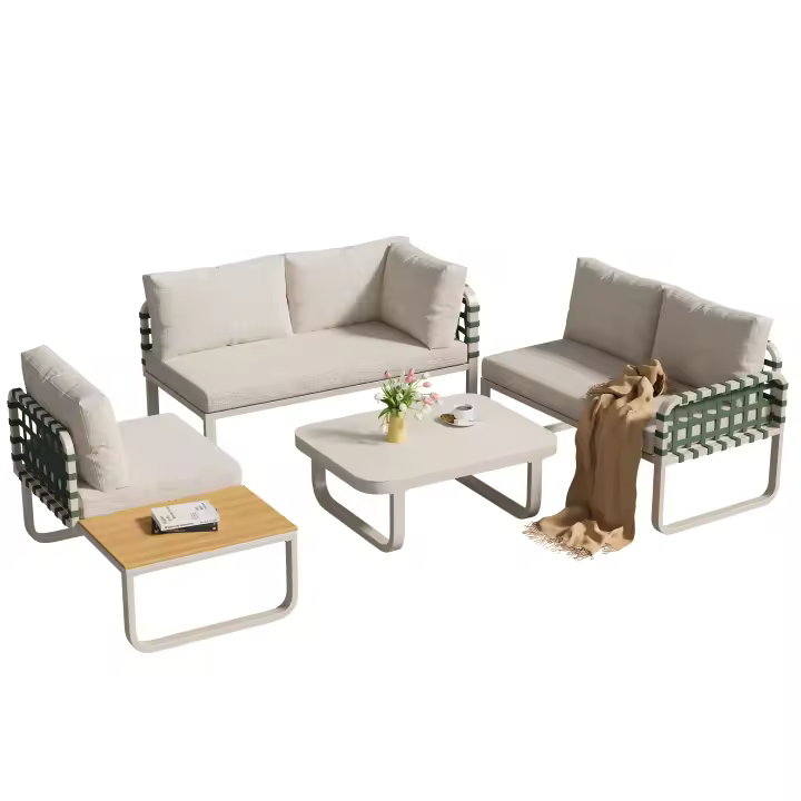 Juego de salón Garten (4-5 Sitzer), juego de muebles de jardín de ratán de cuero verde, juego de sofás de exterior moderno incl. aller Sitz- und Rückenkissen, Balkonset, Garten und Terrasse, Aprikose - 1