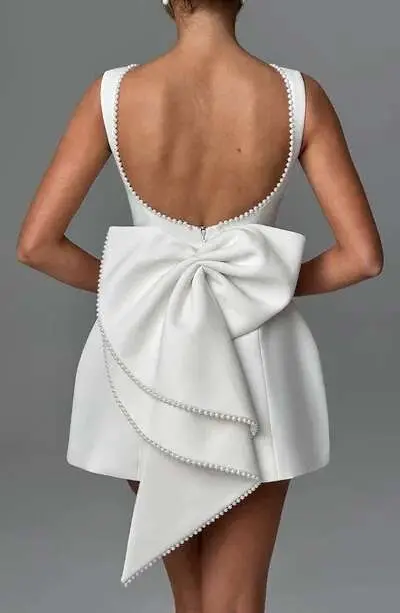 Vestido corto elegante con lazo de perlas y espalda descubierta para mujer, minivestidos bonitos de fiesta sin mangas, negro, blanco, rosa, elegante, noche de cumpleaños Y2K - 1