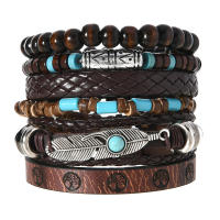 Conjunto de 6 pulseras boho madera cuentas vintage cabeza de toro ojos plumas multicapa artesanales regalos para hombre - details 22