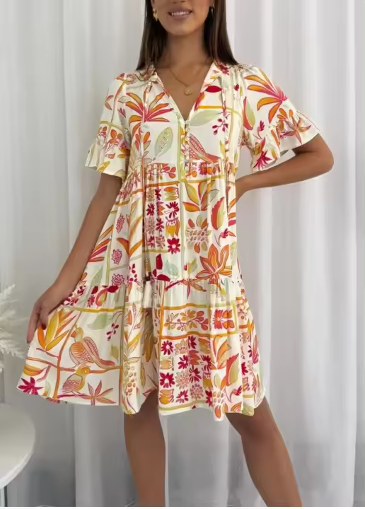 Vestido de Playa Bohemio con Estampado de Leopardo Vestido Corto de Manga Corta con Cuello en V para Mujeres Moda de Verano 2025 - 1