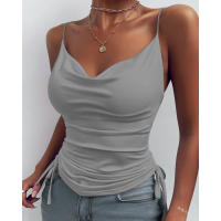 Top sin mangas con cuello drapeado y tirantes delgados para mujeresVCamisola sin mangas plisada de moda para el verano - details 5