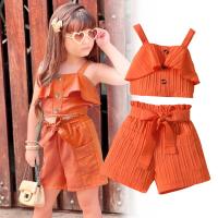 Verano nuevas niñas color sólido con tirantes plisados + conjunto de pantalones cortos con bolsa abierta - details 6