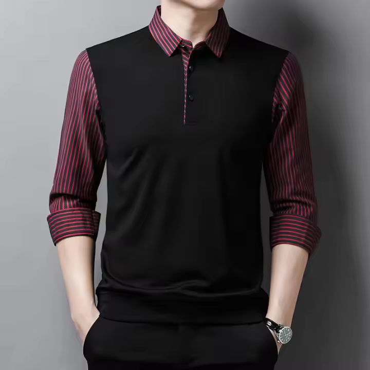 Polo de manga larga para hombre, top de negocios informal a rayas para primavera y otoño - 1