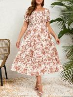 Vestido Retro Elegante para Mujer de Talla Grande Cuello Cuadrado, Pliegues en el Pecho, Alta Elasticidad, Estampado Floral - details 0