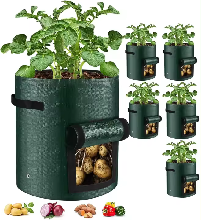 Paquete de 8 bolsas de cultivo de 10 galones, macetas duraderas de tela de PE con solapa y asas, bolsas verdes para patatas, verduras, flores, hierbas, jardín al aire libre, 35 * 45 cm de gran tamaño para todas las plantas que crecen - 1