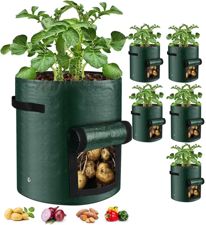 Paquete de 8 bolsas de cultivo de 10 galones, macetas duraderas de tela de PE con solapa y asas, bolsas verdes para patatas, verduras, flores, hierbas, jardín al aire libre, 35 * 45 cm de gran tamaño para todas las plantas que crecen - 1
