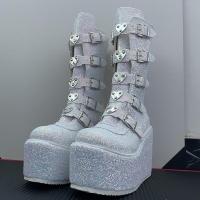 Cuñas góticas de moda para mujer, zapatos con hebilla de talla grande 43, botas de moto con plataforma gruesa rosa brillante, 2021 - details 1
