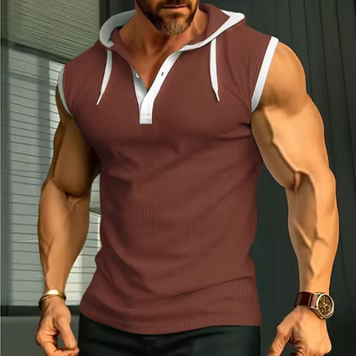 Camiseta de verano sin mangas para hombre, estilo retro, bonito, suelto, sencillo, informal, con botón en el cuello en V, chaleco elegante - 1