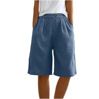 Pantalones Cortos de Lino y Algodón para Mujer Color Sólido, Cintura Suelta, Bolsillo, Botón, Moda Casual - details 49