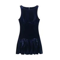 TRAFZA-Vestido corto informal para mujer, traje sin mangas con cuello redondo, lazo decorativo y cremallera, 4 colores, 2024 - details 7