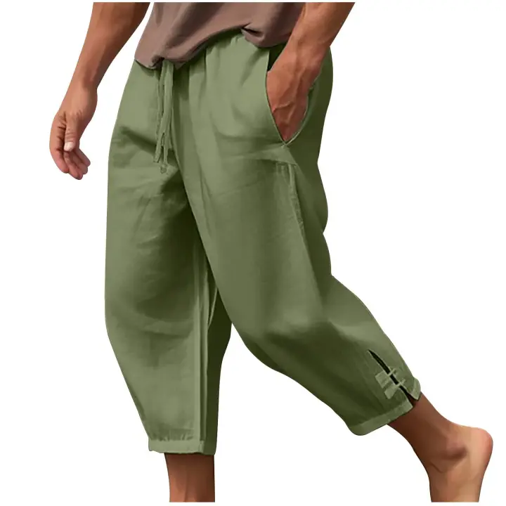 Pantalones capri de lino ligeros, corte holgado, cintura elástica, estilo informal de playa para hombres - 1