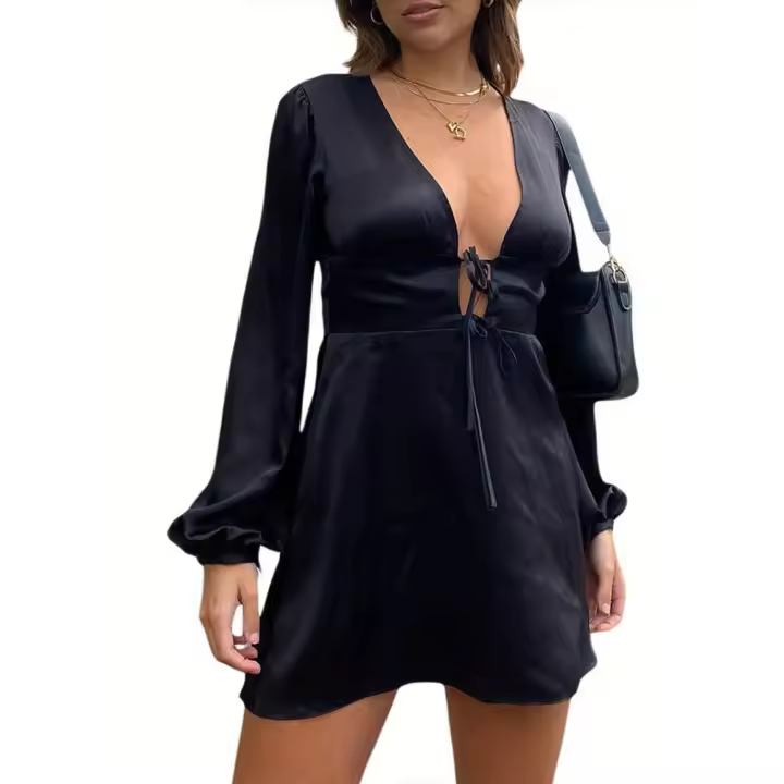 Vestido de estilo femenino vestido de cuello V profundo diseño de nicho falda corta con tirantes - 1