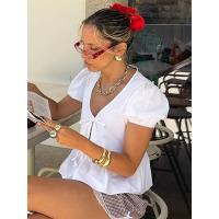 Rockmoer-Blusa Kawaii Peplum para mujer, blusas blancas de verano con mangas cortas con lazo y cuello en V, paridad frontal, campaña - details 4