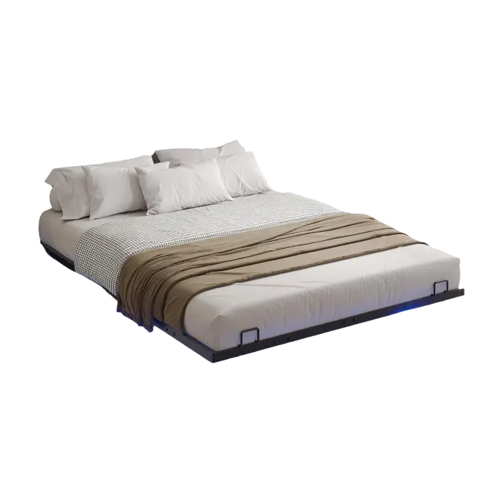 Cama 140 x 190 cm con iluminación LED, somier de láminas de metal, marco flotante para adultos, resistente y estable, fácil de montar - 1