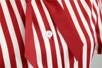 Polka dot print women summer short sleeve striped bow elegant vintage 50s party dress - details 15