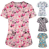 Uniforme de trabajo con estampado de dibujos animados, Tops de manga corta y cuello en V - details 0