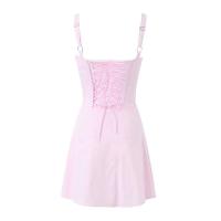 Vestido corto de algodón para mujer, minivestido con cordones en la espalda, rosa, para fiesta y verano, espalda, rosa, - details 1