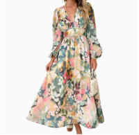 "Vestido Largo Bohemio Mujer 2025- Escote V Estampado Floral, Talle Alto, Mangas Largas, Moda Verano Boho Chic, Vestidos Hippies Elegantes para Festivales, Playa o Diario |   Envío Rápido Miravia" - details 31