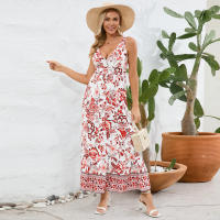 Vestidos largos bohemios para mujer, cuello en V, sin mangas, cintura alta, Maxi, estampados rojos, Playa - details 8