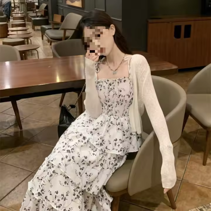 Vestido francés con tirantes florales, dulce y Súper Hada, con sentido del diseño de mujer, vestido de princesa de pastel de longitud media a larga, estilo Hepburn - 1