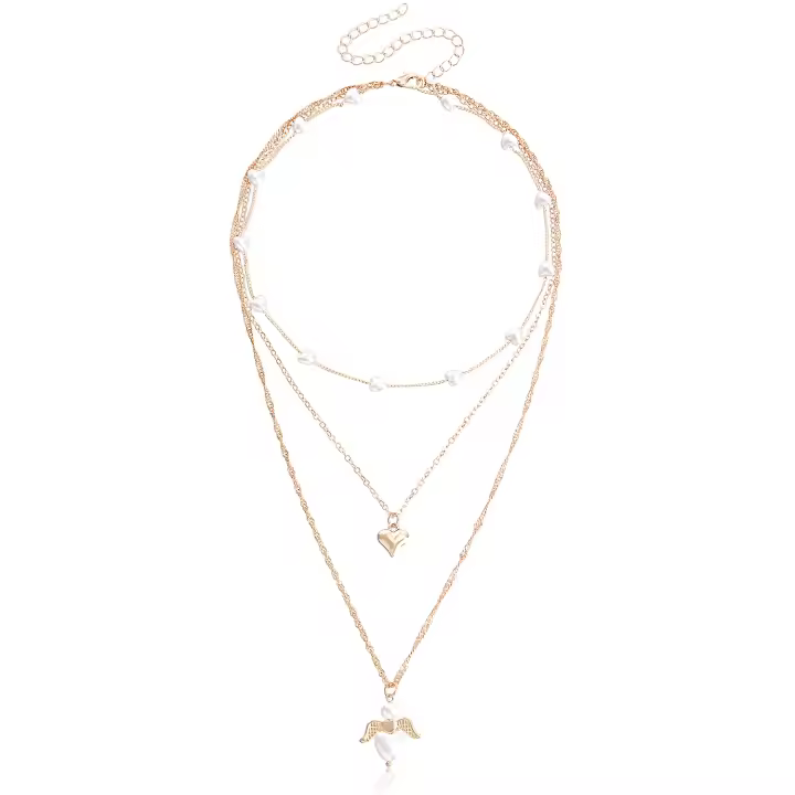 Collar de ala de Ángel con perlas en forma de corazón multicapa elegante para mujer, collar de alta gama con diseño de nicho - 1