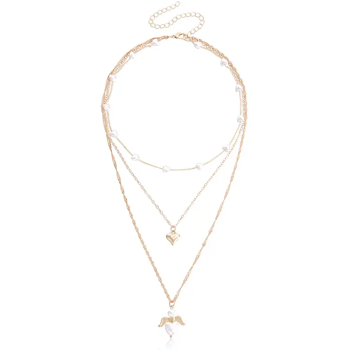 Collar de ala de Ángel con perlas en forma de corazón multicapa elegante para mujer, collar de alta gama con diseño de nicho - 1