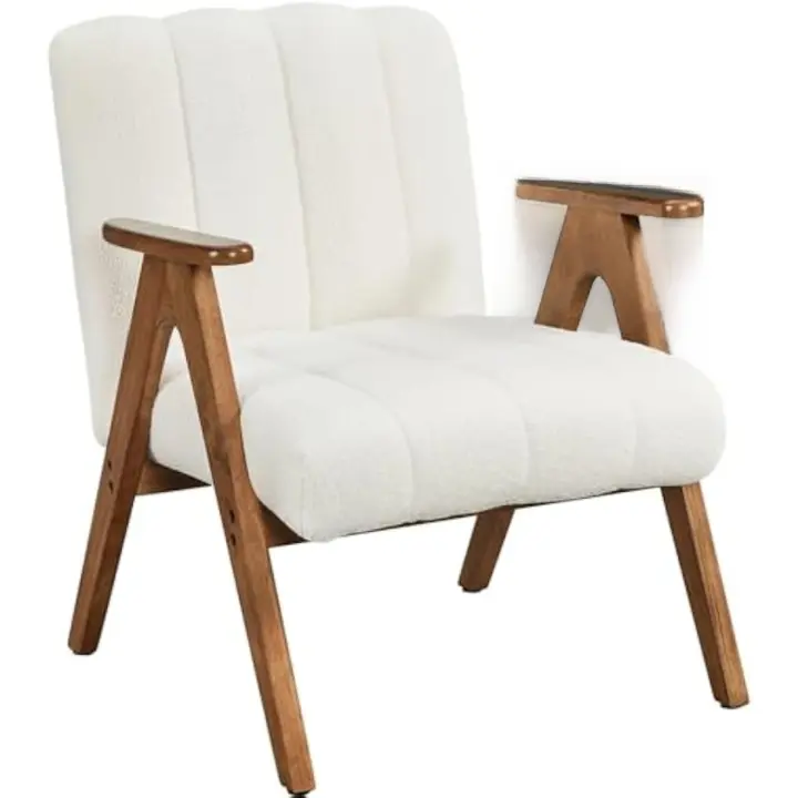 Sillón de salón con patas de madera maciza, respaldo y cojín acolchado, sillón relax tapizado en tela boucle para rincones de lectura, salas de estar, blanco. - 1