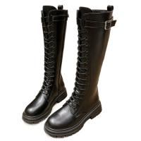 Botas de combate con plataforma alta para mujer, zapatos de cuero negro con cordones hasta la rodilla - details 2