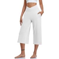 2024 primavera y verano mujeres elástico cintura alta 3/4 pantalón sólido Casual ajuste activo pantalones de pierna Capris anchos pantalones con bolsillos - details 53
