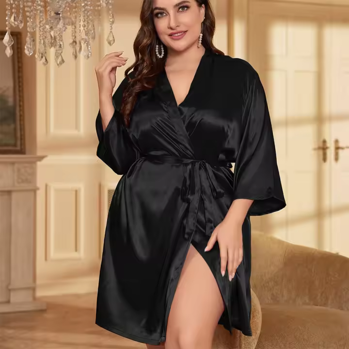 Nuevo camisón de mujer, cárdigan de hielo, bata con cordón, pijama sexy de imitación de seda con estampado suelto - 1