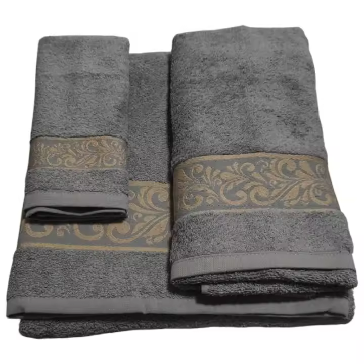 Juego de Toallas de Baño de Lujo Gris con Cenefa Decorativa Set de 3 Piezas: Toalla de Baño, Manos y Facial 100% Algodón Portugués, Suave y Absorbente Ideal para Hogar o Regalo Elegante - 1