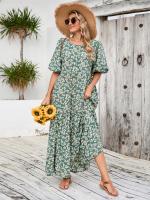 Vestido suelto de manga media con cuello redondo y falda larga floral informal retro de talla grande - details 3